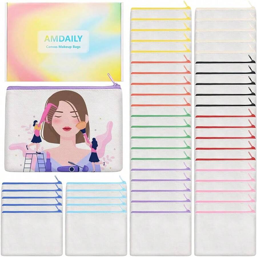 50Pcs Canvas Makeup Bags Bulk, 7.87 X 5.7 H Cotton Sublimation Blank Diy Heat Transfer Cosmetic Bag W/Colorful Zipper Gift Box - Multicolor - View 1