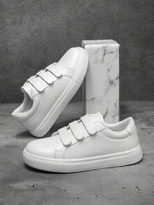 男士时尚简约纯白色低帮魔术贴休闲运动鞋，日常轻便舒适时尚情侣运动平底鞋 - 白色 - 查看 10