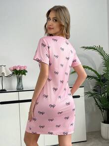 女士蝴蝶结印花睡衣睡袍，休闲针织圆领短袖T恤和迷你裙，适合年轻女士的舒适春夏季睡衣和家居服 - 彩色 - 查看 2