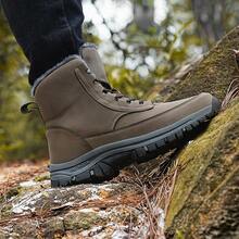 Men's Thermal-Lined Anti-Slip Snow Boots, Comfortable Round Toe Thick Sole Hiking Shoes, Casual Versatile Winter Leather Boots - Khaki - View 5