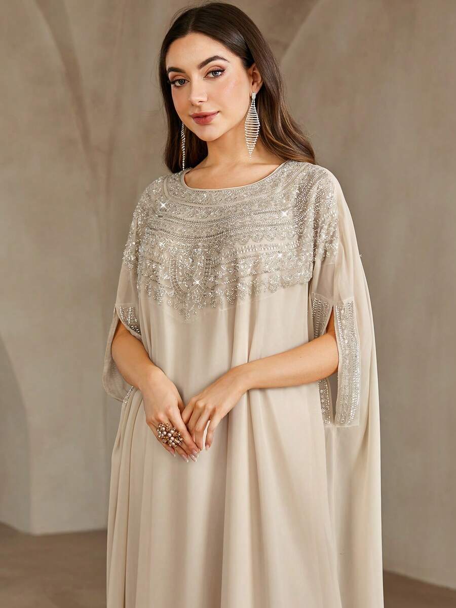 Đầm dài nữ cổ tròn, đính đá lấp lánh, màu trơn, thanh lịch, thích hợp cho mùa hè. - Màu be - Xem 1