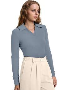 WIHOLL Womens Polo Shirts Long Sleeve Business Casual Tops Collared V Neck Ribbed Knit Sweater Slim Fit Blouses Halloween Christmas New Year - Màu xanh bụi bặm - Xem 3