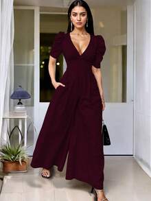 Mono de pierna ancha de manga farol escote profundo casual para mujer - Rojo violeta - Ver 3