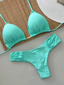 Triangle Bikini With Double Butterfly String Panties In Various Colors - Water Green - View 1