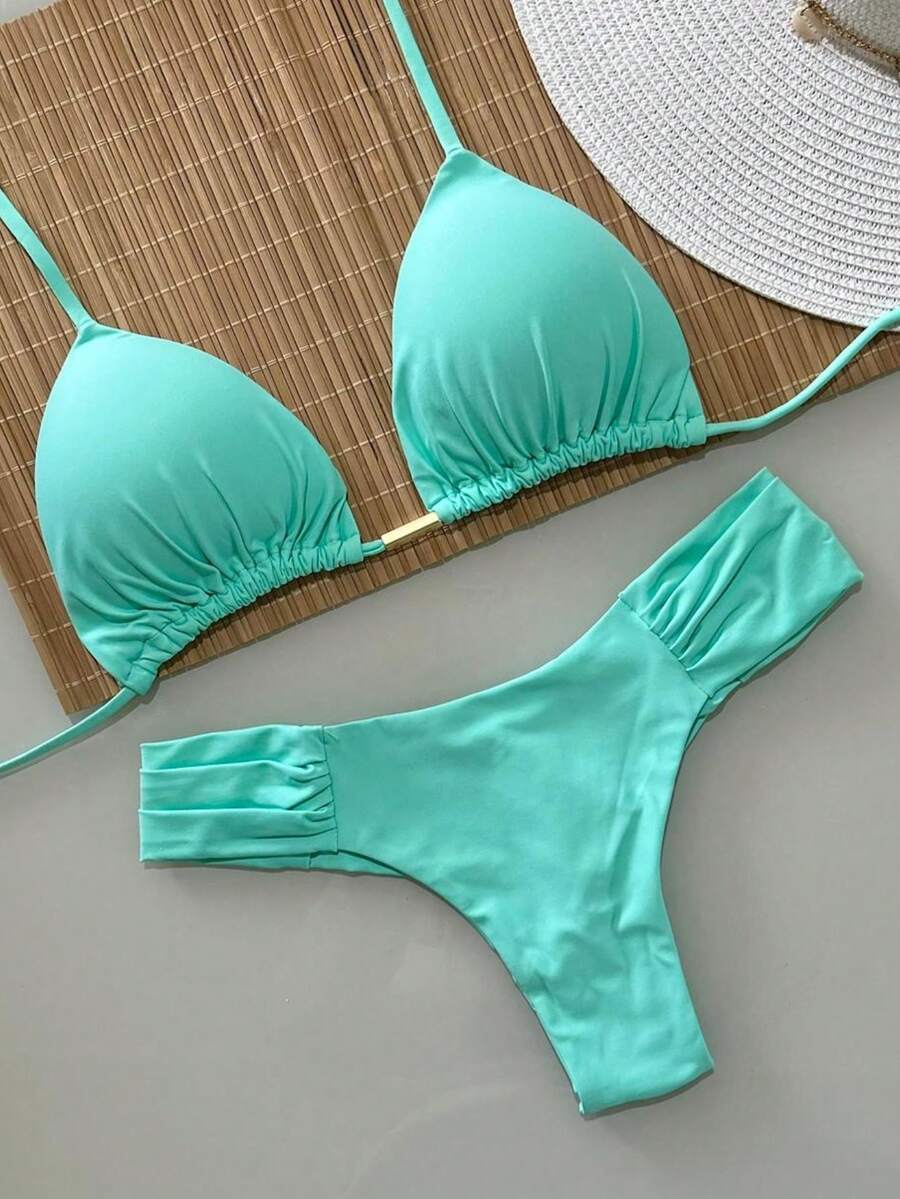 Triangle Bikini With Double Butterfly String Panties In Various Colors - Water Green - View 1