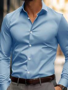 Men's Spring Summer Solid Color Casual Business Long Sleeve Shirt - Baby Blue - View 2