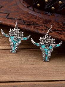 1 par de pendientes colgantes tipo gota con estampado de cabeza de toro de girasol y estampado leopardo en estilo vintage western, adecuado para vacaciones, uso diario y regalos (patrones surtidos al azar)