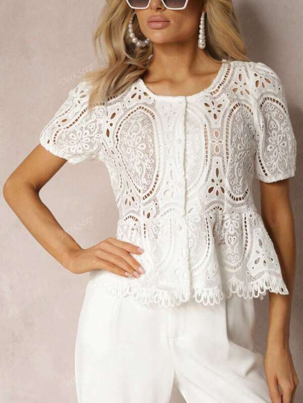 Women's Solid Color Fresh Round Neck Floral Embroidery Hollow Out Lace Buttons Waist Short Sleeve Casual Shirt, Suitable For Valentine's Day, Dates, Parties, Vacation