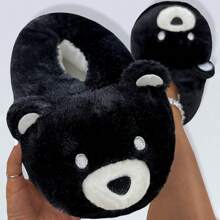 Pantuflas cálidas y antideslizantes con bordado negro, cobertura total del pie y diseño de oso para mujer para el hogar