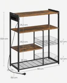 VASAGLE Küchenregal mit Steckdosen, Standregal mit 2 Metallkörben, Bäckerregal mit Haken, Regalablagen,Industrie-Design - EU F-Typ Stecker (220-240V) - Übersicht 10