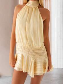 Women Mini Halter Neck Dress Pleated Sleeveless Open Back A-Line Layered Ruffle Short Dress - Amarillo - Ver 4