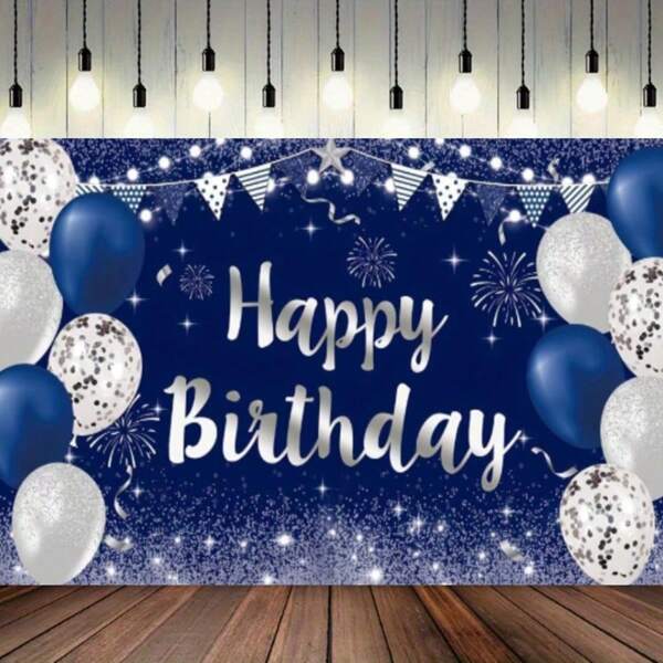 Sparkling Happy Birthday Banner Inches Silver And Navy Blue Party Background, Suitable For Male And Female Celebration Events