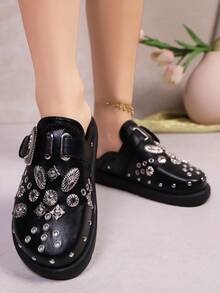 Women's Fashion Comfortable Rivet Decor Black Chunky Heel & Platform Shoes,Mule Shoes