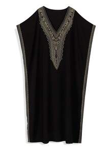 黑色刺绣V领宽松休闲睡袍 - 黑色 - 查看 4