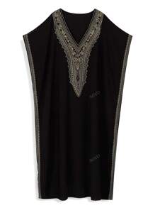 Vestido negro suelto estilo túnica con escote en V bordado, vestido casual para estar en casa