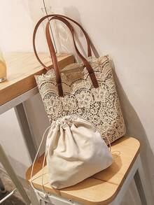 优雅的花卉蕾丝手提包和小号抽绳化妆包，旅行沙滩包，可爱的钱包，别致的单肩和腕部手提包，带磁扣，复杂的编织设计，可折叠设计，涤纶，非常适合购物、旅行、海滩和日常工作、通勤、购物