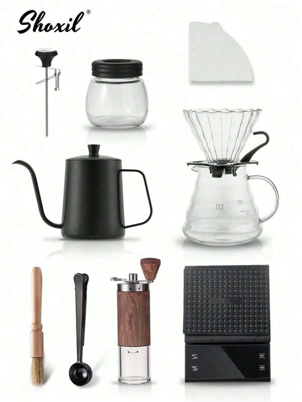 shoxil 1 pieza Juego de regalo completo para café V60 (Tamaño 02) - Incluye hervidor de cuello de cisne de 600ml, cafetera de vidrio, molinillo de café manual, balanza, cuchara, 100 filtros, cepillo de limpieza y tarro | Kit de vertido en frío para el Eid Al-Adha y festivales para amantes del café