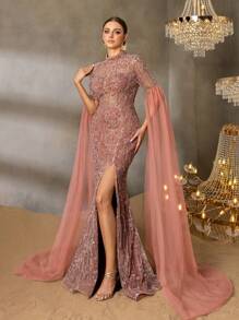 Faeriesty Faeriesty Elegant High-Neck Evening Gown With Sheer Chiffon Sleeves, Thigh Slit & Mermaid Train - Structured Formal Dress For Red-Carpet Galas, Luxury Weddings, Black-Tie Events, Award Ceremonies, And Gala Dinners