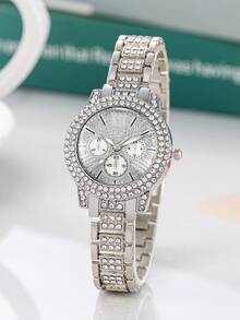 1pc Fashion Business Diamond Roman Numeral Dial Women Quartz Watch - Silver - View 1