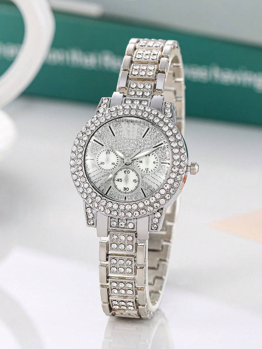 1pc Fashion Business Diamond Roman Numeral Dial Women Quartz Watch - Silver - View 1
