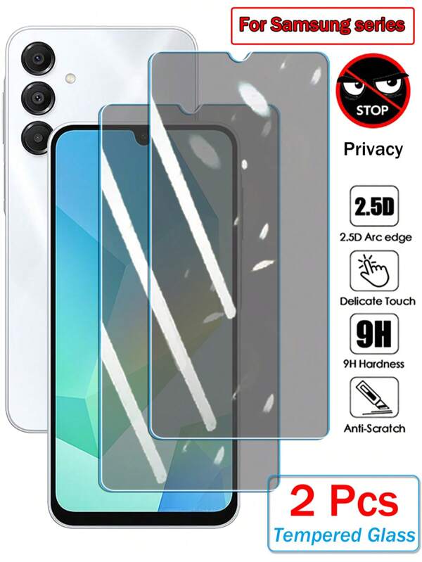 2 piezas Protector de pantalla de vidrio templado de cobertura completa y protección de privacidad para Galaxy A56 A36 A26 A16 A06 A55 A35 A25 A15 A05 A54 A34 A24 A14 A04 A73 A53 A33 A23 A13 A03 A72 A52 A32 A12 A02 A71 A51 A21, resistente a 9H, 2.5D, con cubierta completa y adhesivo