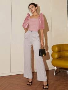 Women's Spring/Autumn Solid Color Petal Sleeve Stand Collar Square Neck Elegant Blouse Short Top - Berwarna merah muda - View 3