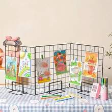 Estantes de fotos y arte de rejilla, soportes de exhibición de metal modernos para paneles de rejilla, soportes de escritorio y estantes para joyería - Cuadrícula blanca - Ver 1