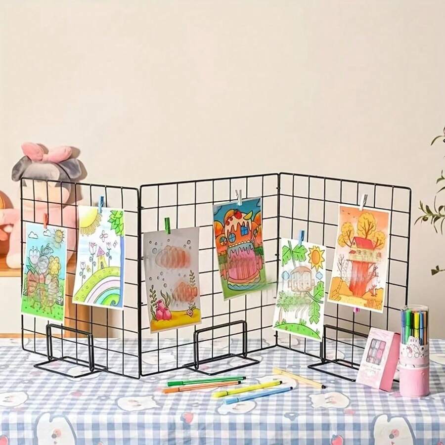 Estantes de fotos y arte de rejilla, soportes de exhibición de metal modernos para paneles de rejilla, soportes de escritorio y estantes para joyería - Cuadrícula blanca - Ver 1