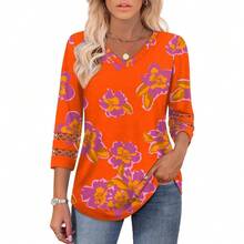 XIEERDUO 3/4 Length Sleeve Womens Tops Dressy Casual Blouses For Women 2025  V Neck T Shirts Summer Clothes - Z 橙色印花 - 查看 2