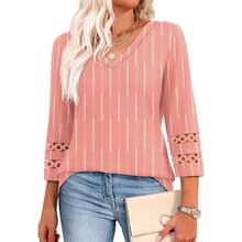 XIEERDUO 3/4 Length Sleeve Womens Tops Dressy Casual Blouses For Women 2025  V Neck T Shirts Summer Clothes - Z 粉紅色條紋 - 查看 1