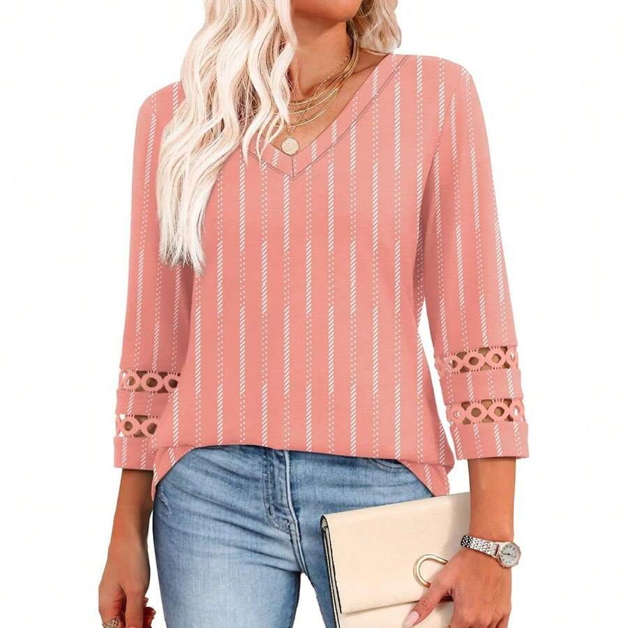 XIEERDUO 3/4 Length Sleeve Womens Tops Dressy Casual Blouses For Women 2025 V Neck T Shirts Summer Clothes - Z 粉紅色條紋 - 查看 1