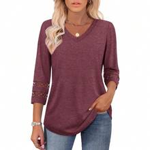 XIEERDUO 3/4 Length Sleeve Womens Tops Dressy Casual Blouses For Women 2025  V Neck T Shirts Summer Clothes - Wine Red - 查看 2