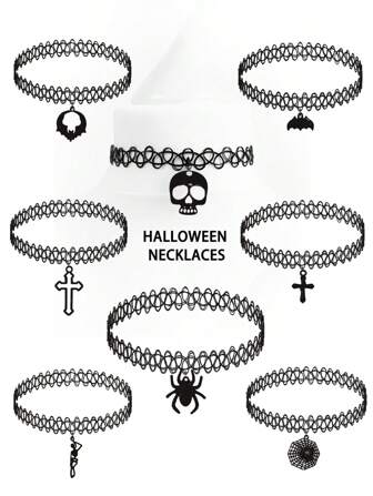 1pc Gothic Moon Pendant Necklace, Vintage Style With Elements Of Spider, Cross, Skull, Spider Web, Human Skull, Horror And Quirky Design, Sexy Hollow Adjustable Collarbone Chain, Suitable For Women To Wear On Halloween