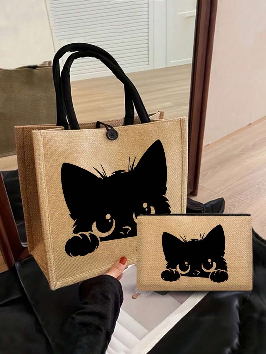 猫咪主题手提包套装：女士手提包套装，包括 1 个黑色卡通猫咪图案手提包和 1 个印有猫、鸟、波浪、花朵图案的小包/零钱包，适合海滩度假，时尚大容量化妆包，旅行化妆包。 - 卡其色 - 查看 1