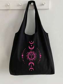 月亮印花黑色单肩包；手提包和化妆包二合一；帆布包；大容量单肩包搭配精致化妆包；单肩包化妆包组合是女性必备单品；两件套单肩包化妆包，适合度假、海滩、商务旅行、日常通勤