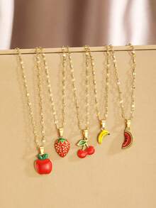 1 件甜美夏日水果系列苹果草莓樱桃香蕉西瓜吊坠不锈钢嘴唇链锁骨链项链适合男孩女孩夏季旅行学校日常佩戴时尚优雅珠宝 - 彩色 - 查看 2