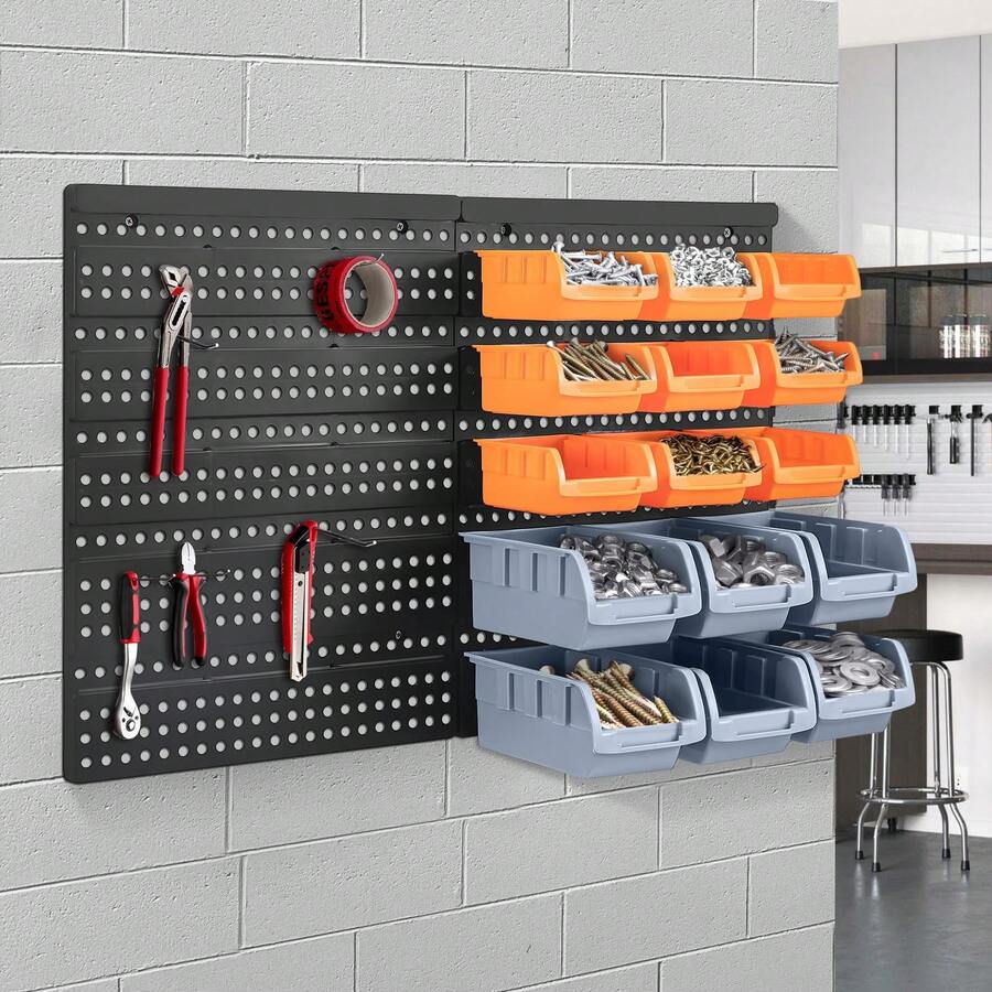 Wall Mounted Storage Bins Backboard DIY Stackable Workshop Storage For Tools Hardwares Crafts 64 X 41cm Plastic Bin Panel Rack With Screws For Tool Shed Garage Workshop - Orange+Gray - View 1