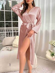 Thin And Sexy Summer Sexy Imitation Silk Nightgown For Women, Long Sleeved, Medium To Long Lace Up Bathrobe, Morning Gown, Fashionable And Comfortable Casual Home Wear For Women - 粉色 - 查看 1