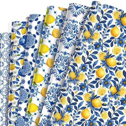 12 Stücke blau-weiß porzellanfarbenes Zitronen Geschenkpapier, 6 verschiedene Stile von Zitronen Geschenkverpackungs-Deko, geeignet für Geburtstagsfeiern, Junggesellenabschiede, Hochzeiten, verschiedene Feiertags-Geschenkverpackungs-Deko