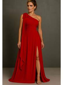 Bridesmaid Dress For Party Guests Reception Graduation Without Shine Cape Sleeve In Fluity - Red - View 1
