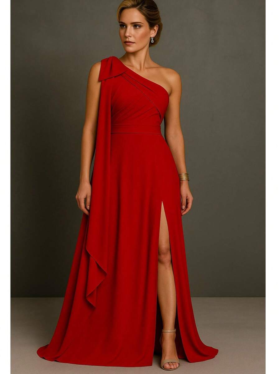 Bridesmaid Dress For Party Guests Reception Graduation Without Shine Cape Sleeve In Fluity - Red - View 1