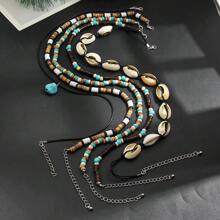 5pcs/Set Fashionable Women Vintage Style Shell, Turquoise & Coconut Shell Necklace Accessory, Beach Vacation Travel Decoration