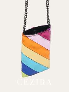 CEZIRA 女士时尚金属PU素面皮革斜挎包，彩色条纹拼接，纽扣开合，彩虹撞色设计，小巧便携，可作手机袋，长肩带单肩包，日常礼物，约会，购物，假日旅行 - 彩色 - 查看 9