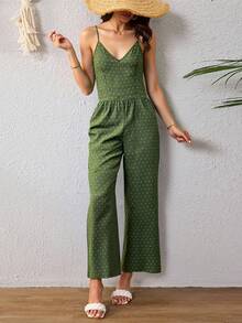 Mono Con Tirantes Espagueti Holgado Para Mujer,Monos De Pierna Ancha De Color Sólido De Verano Para Vestir Casual - Verde militar - Ver 3
