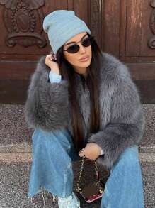 HH 女式仿皮草夹克优雅纯色翻领长袖外套休闲宽松女式冬季超大码淑女时尚街头风夹克