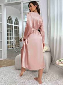 Thin And Sexy Summer Sexy Imitation Silk Nightgown For Women, Long Sleeved, Medium To Long Lace Up Bathrobe, Morning Gown, Fashionable And Comfortable Casual Home Wear For Women - 粉色 - 查看 5