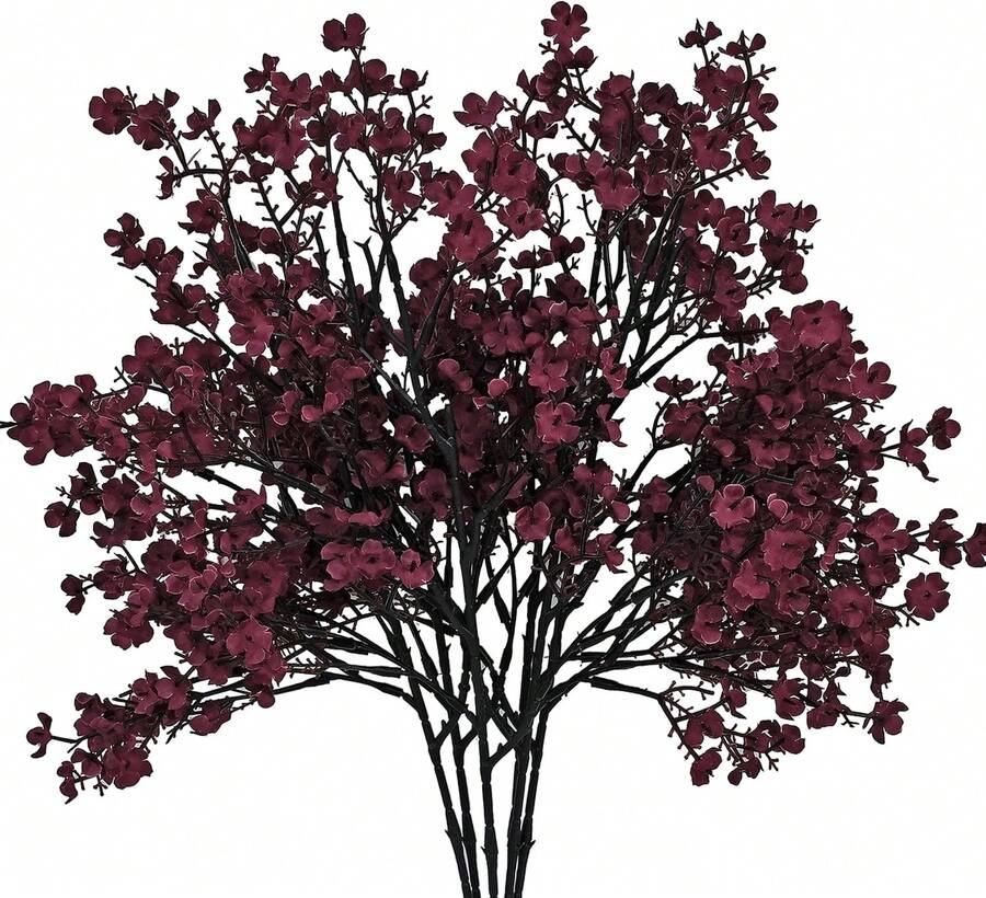 6pcs Burgundy Silk Babys Breath Gypsophila Artificial Fall Flowers 18.7" For Home Kitchen Decor Indoor Outdoor Decorations New Year Spring Mother's Day - 酒紅色 - 查看 1