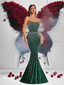 ADYCE 女士手工串珠刺绣露背吊带高腰长款派对礼服，适合舞会、生日派对、正式晚宴、约会、返校节、婚礼宾客、盛大晚宴、家庭聚会等场合。 - 墨綠色 - 查看 8