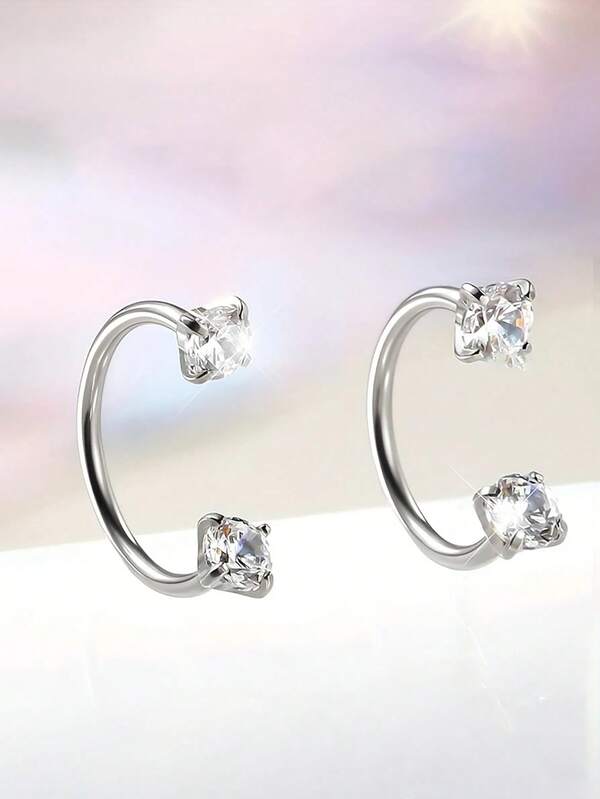 2pcs C-Shape Zirconia Studded Lip Ring, Horseshoe Ring, Nose Septum, Earrings, 16G Stainless Steel Piercing Jewelry, Suitable For Daily Wear