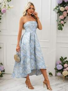Women's Luxurious Metallic Gold Floral Jacquard Strapless Party Dress, Elegant Formal Evening Gown Suitable For Weddings, Graduations, Parties, With Detachable Transparent Shoulder Strap
